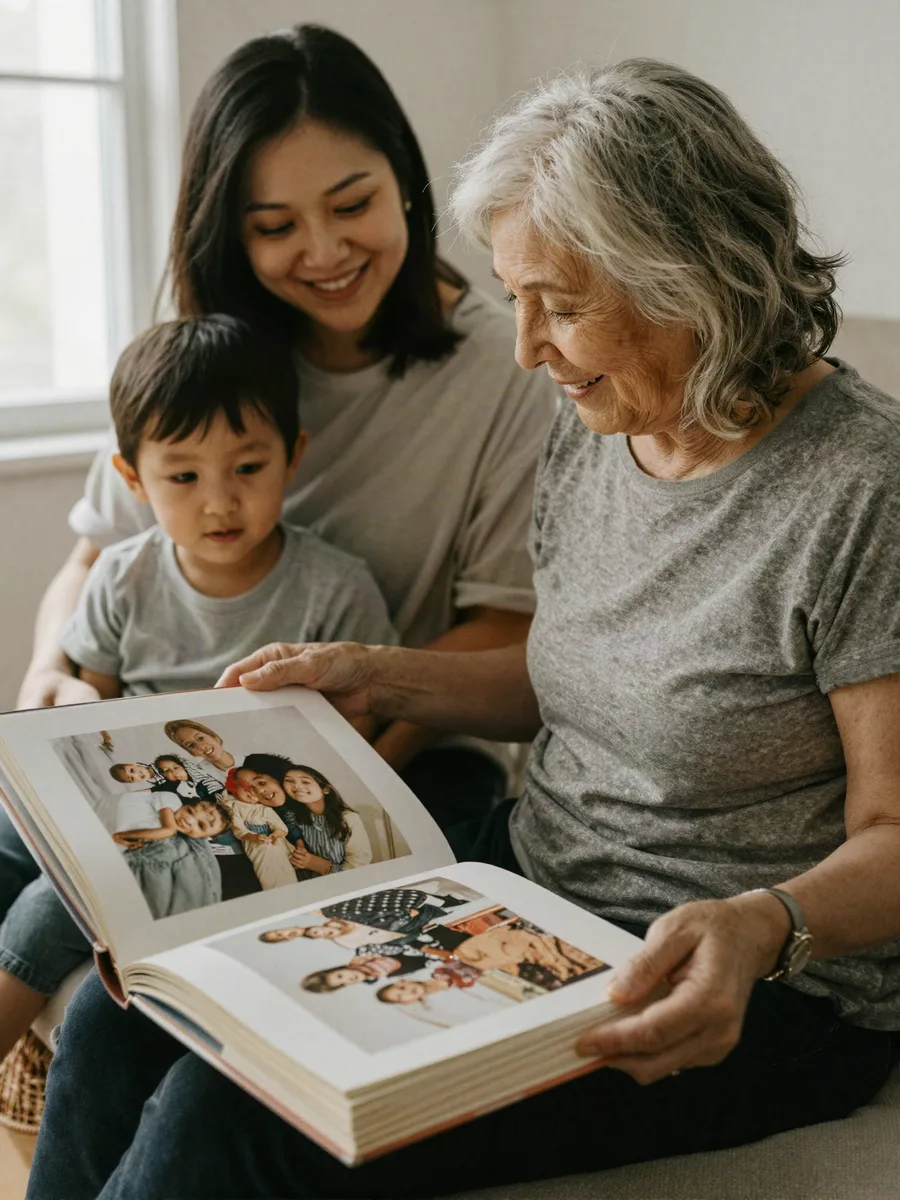 A mom at her 70th looking through a family photo book with her daughter and grandson