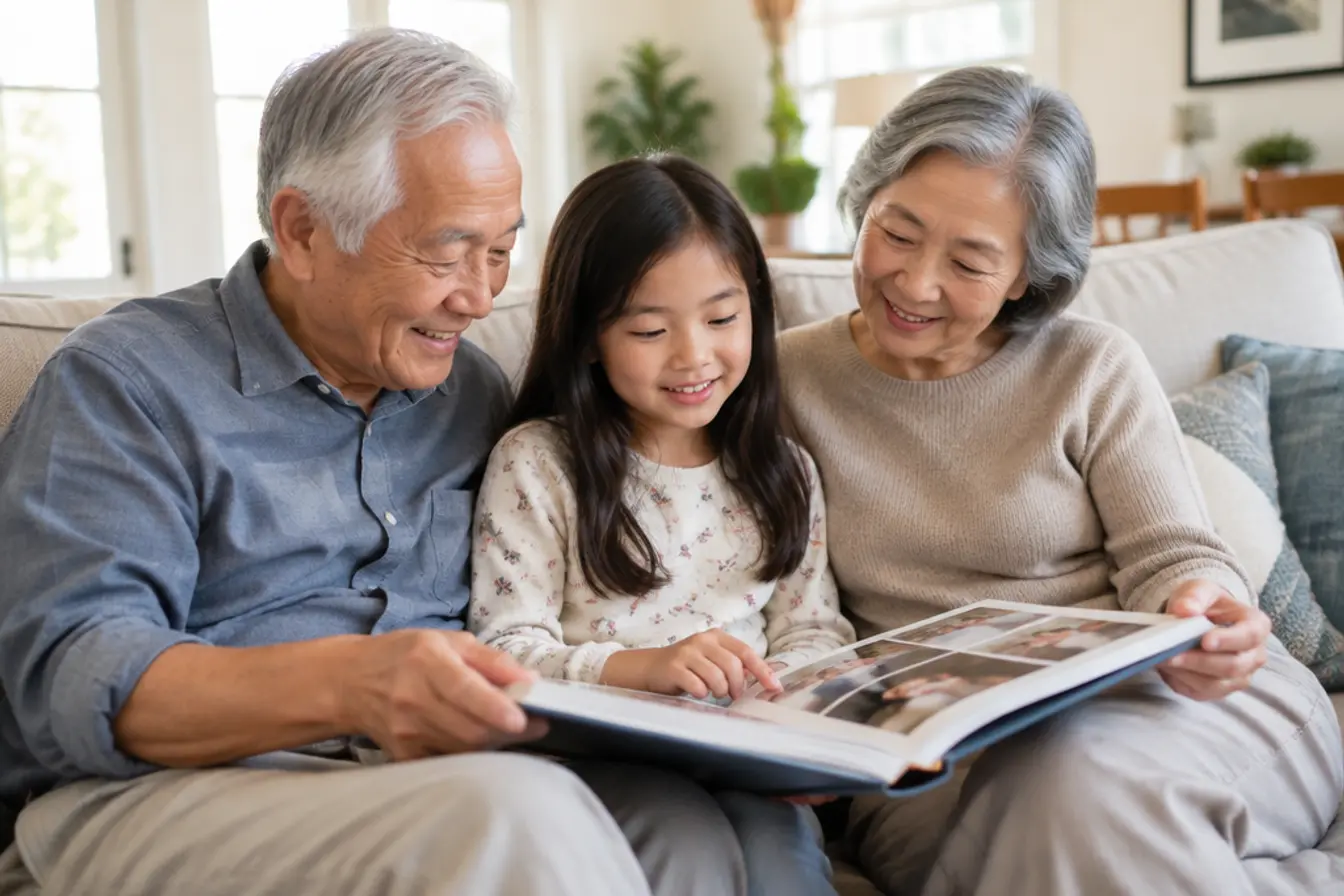 Grandparents and their granddaughter looking through a photo book