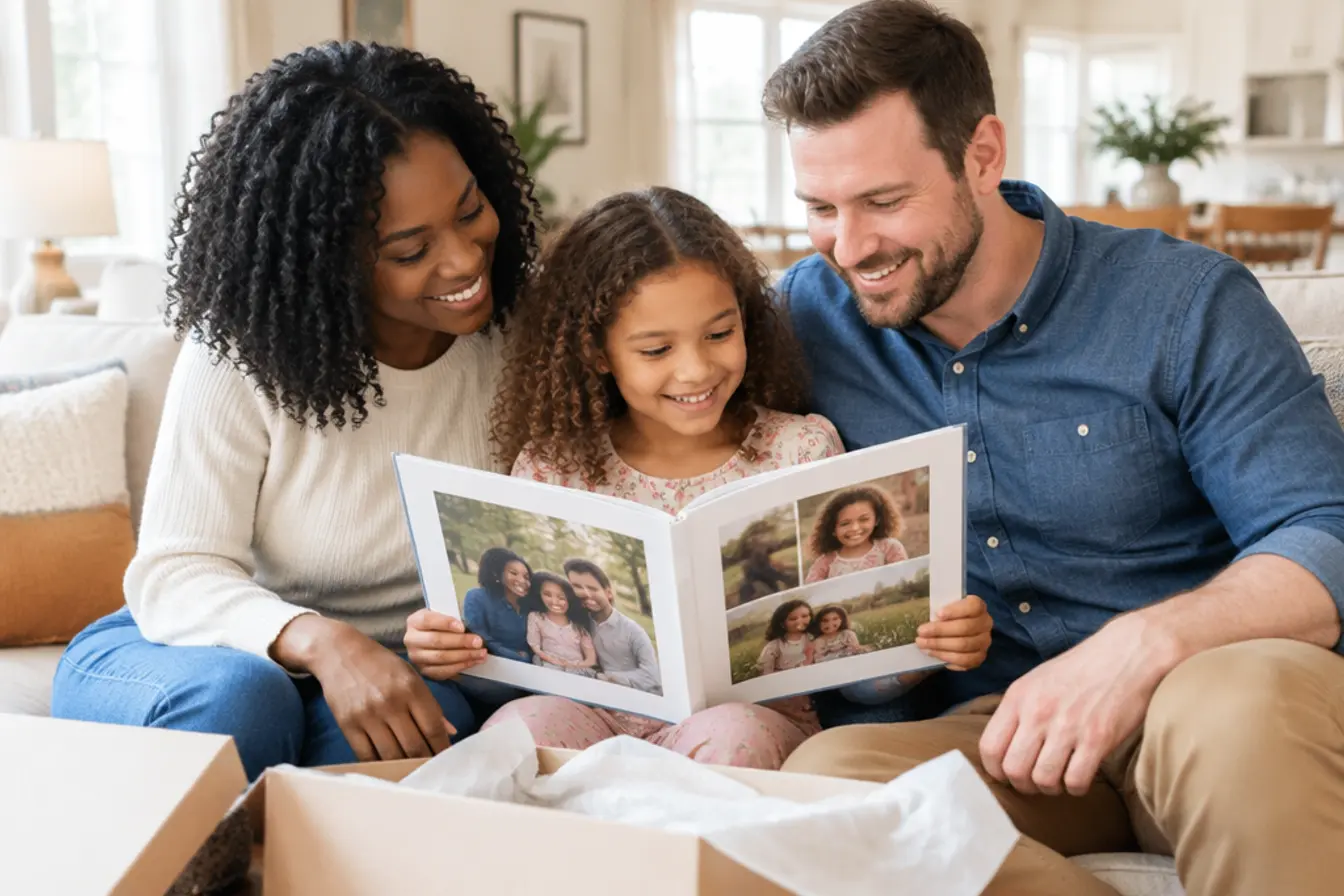 A mom, a dad and their daughter turning the pages of their family photo book
