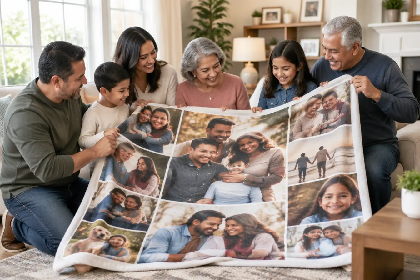 Three generations holding up a photo blanket printed with their family photos