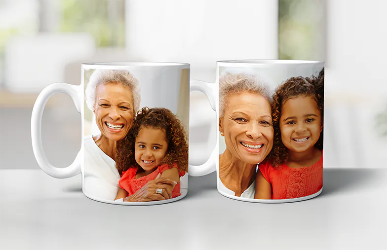 Mum and baby holding Printerpix cartoon design custom mug with dad text