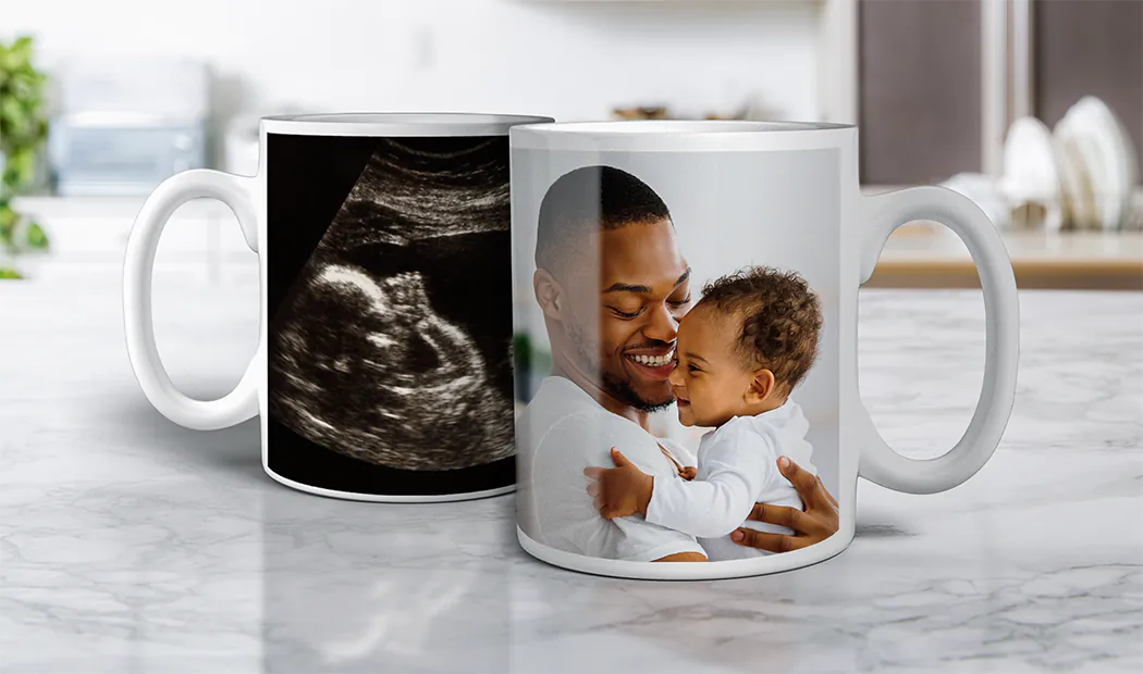 Mum and baby holding Printerpix cartoon design custom mug with dad text