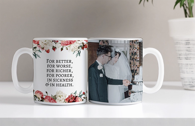 Mum and baby holding Printerpix cartoon design custom mug with dad text