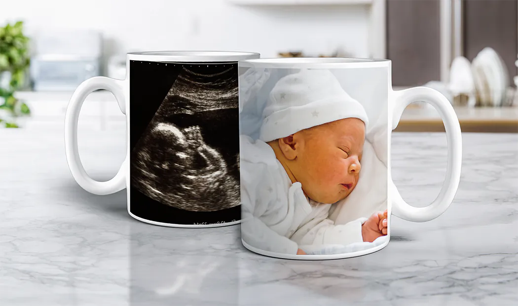 Mum and baby holding Printerpix cartoon design custom mug with dad text