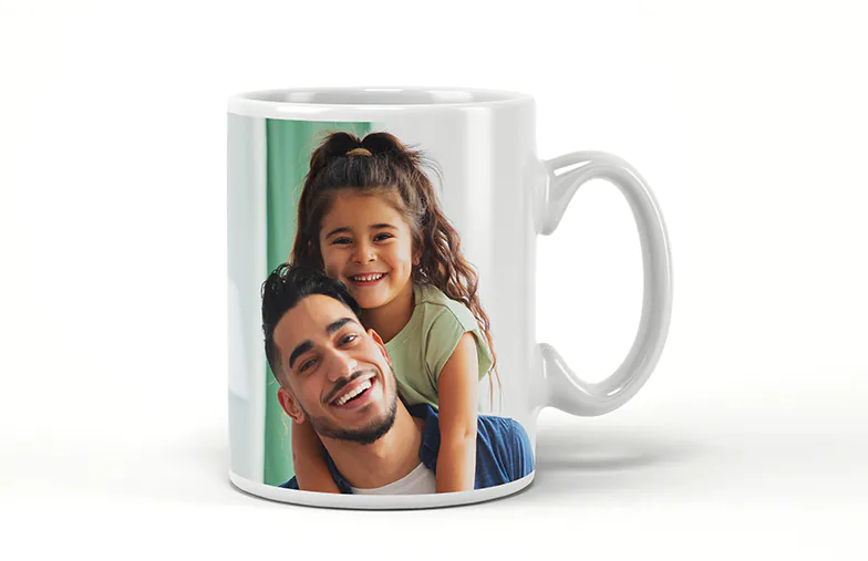 Mum and baby holding Printerpix cartoon design custom mug with dad text