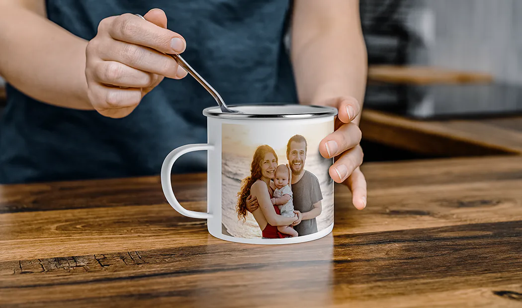 Mum and baby holding Printerpix cartoon design custom mug with dad text