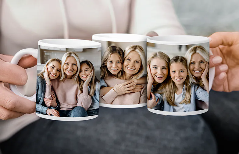 Mum and baby holding Printerpix cartoon design custom mug with dad text