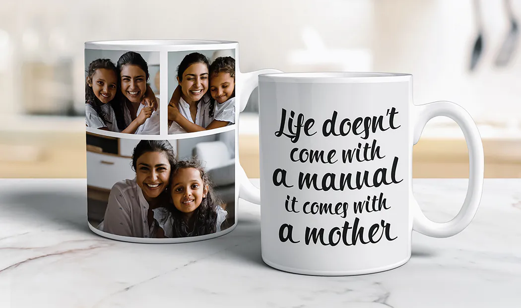 Mum and baby holding Printerpix cartoon design custom mug with dad text