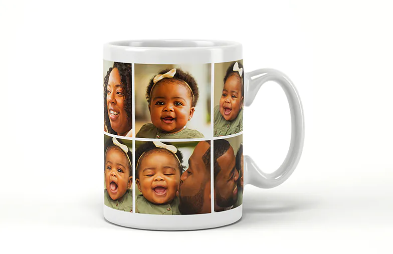 Red and blue Printerpix photo mugs with pictures of dogs on