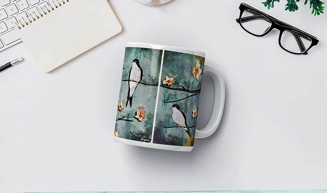 Mum and baby holding Printerpix cartoon design custom mug with dad text