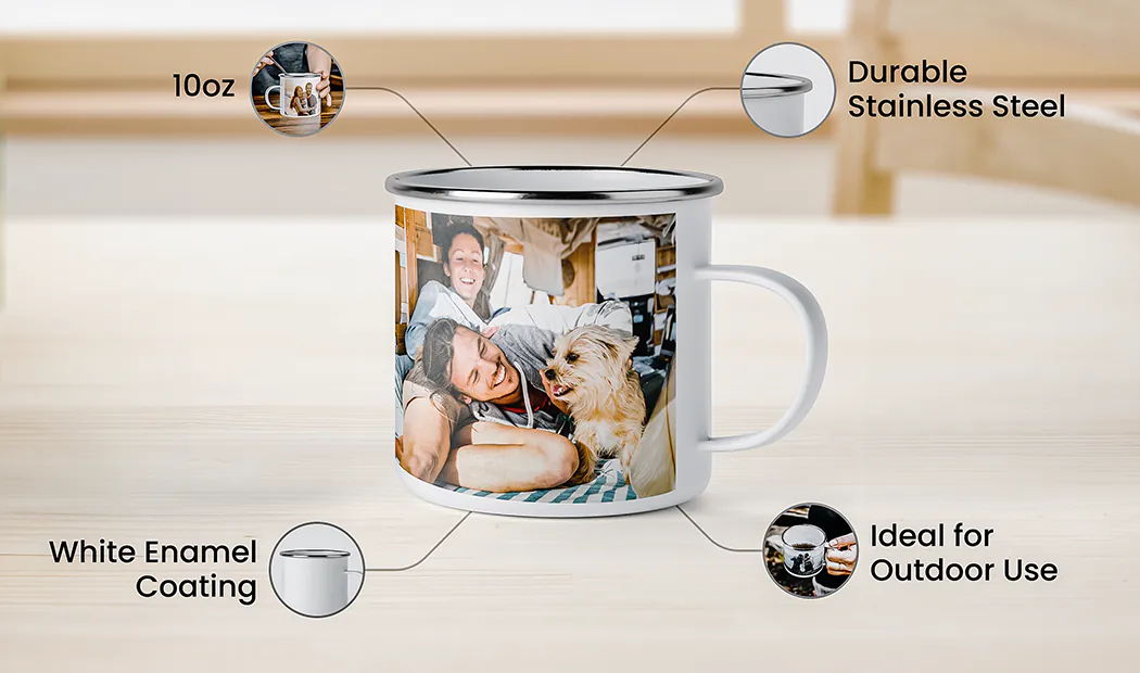 Personalised photo mug with picture of baby crawling wearing animal overall