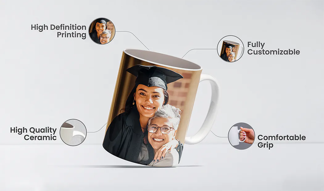 Mom and daughter holding custom designed photo mugs with family photos