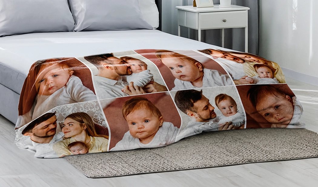 Custom Mink Touch Blanket by Printerpix|Custom Blankets|Large custom blanket on double bed with picture of dog photo|Custom blanket with picture of cat|Custom blanket image with size comparison||||||