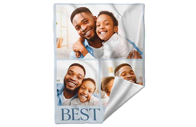 Christmas Gift for Dad - Personalized Blankets|Christmas Gift for Dad - Personalized Blankets|Large custom blanket on double bed with picture of dog photo|Custom blanket with picture of cat|Custom blanket image with size comparison||||||