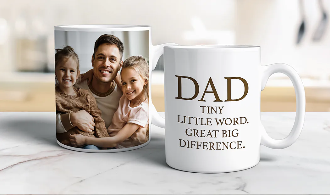 Mum and baby holding Printerpix cartoon design custom mug with dad text