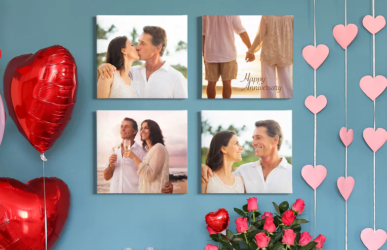 Photo Canvas Display Panels|Canvas Panels|Man and woman putting up a photo canvas with a holiday photo on|Woman putting up three black and white family photo canvases|Mom and four young kids sitting on sofa in front of four photo canvases|Couple in front of blue wall with nine square photo canvases on|||||