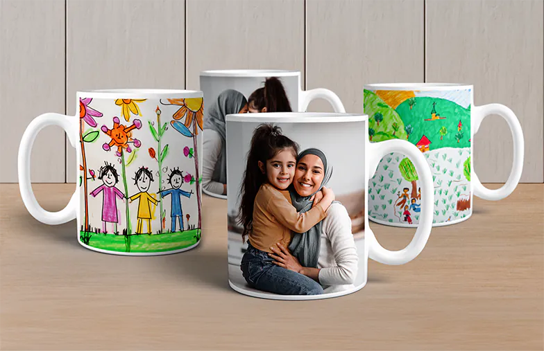 Personalised Photo Mug|Mum and baby holding Printerpix cartoon design custom mug with dad text|Personalised photo mug with picture of baby crawling wearing animal overall|Mom and daughter holding custom designed photo mugs with family photos|Kissing couple with personalized mugs with text on|Personalised photo mug with your own photo of a dog on|||||