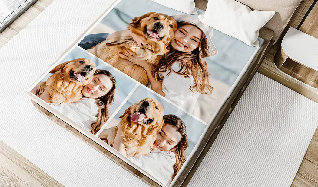 Custom Dog Blanket by Printerpix|Custom Dog Blankets|Labrador dog on custom dog name blanket with paw print design|Folded personalised dog blanket with dog name on and picture of dog food|personalised dog blanket||||||