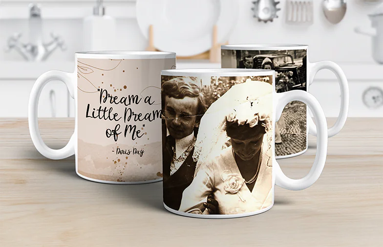 Personalised Photo Mug|Mum and baby holding Printerpix cartoon design custom mug with dad text|Personalised photo mug with picture of baby crawling wearing animal overall|Mom and daughter holding custom designed photo mugs with family photos|Kissing couple with personalized mugs with text on|Personalised photo mug with your own photo of a dog on|||||