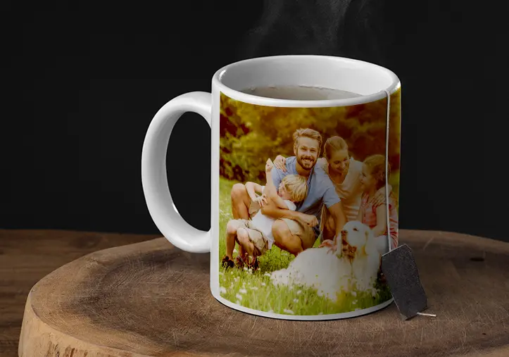 Personalised photo mug with picture of baby crawling wearing animal overall