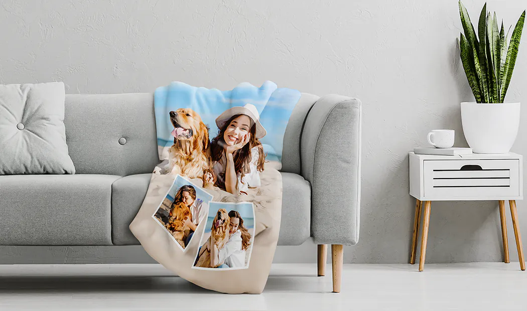 Custom Mink Touch Blanket by Printerpix|Photo Blankets|Large custom blanket on double bed with picture of dog photo|Custom blanket with picture of cat|Custom blanket image with size comparison||||||