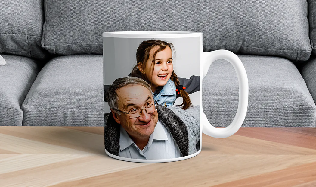 Personalised Photo Mug|Mum and baby holding Printerpix cartoon design custom mug with dad text|Personalised photo mug with picture of baby crawling wearing animal overall|Mom and daughter holding custom designed photo mugs with family photos|Kissing couple with personalized mugs with text on|Personalised photo mug with your own photo of a dog on|||||